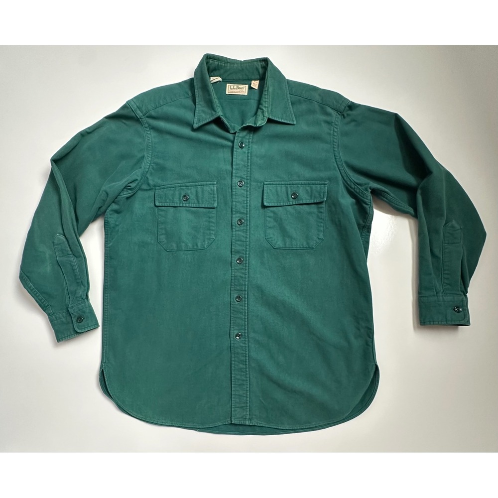 LL Bean Vintage Chamois Cloth Shirt Green 100% Cotton Made in USA Size 16.5 L